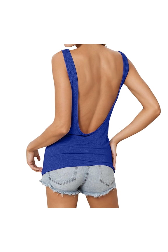 Backless Going Out Top Summer Boat Neck Tank Top Sexy Open Back (Blue, M)