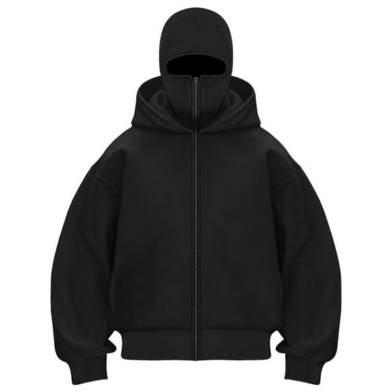 idosla Balaclava Hoodie Winter Double Layer Hooded Sweatshirt with zipper, Fleece-Lined Hip-Hop Hoodie (Black, L)