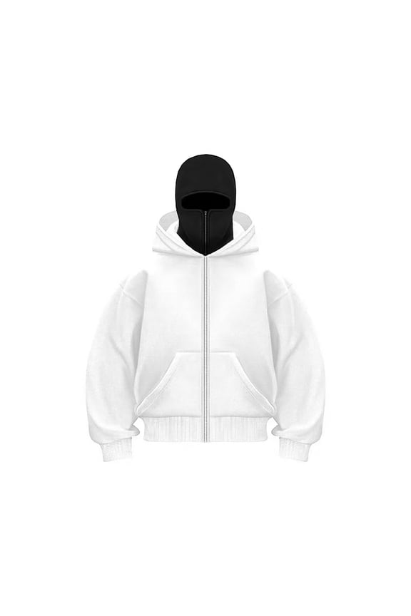 Balaclava Hoodie with Built In Balaclava, Double Hooded Zip Jacket Wind-resistant Winter Hoodies (White, XXL)