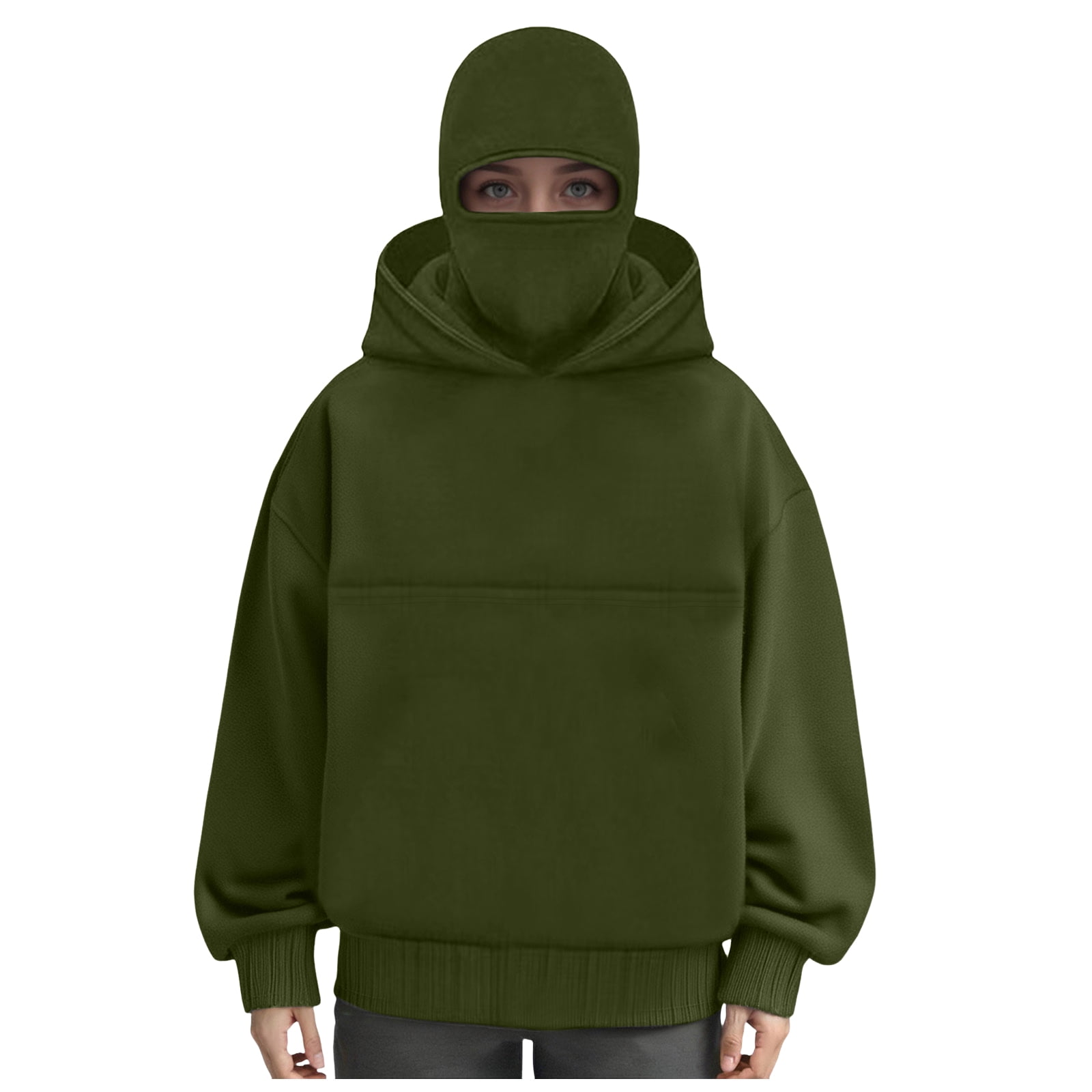 idosla Balaclava Ninja Hoodie with Built In Balaclava Unisex Women Long Sleeved Warm Pet Pocket and Winter Streetwear Sportswear Hoodies (Army Green, S)