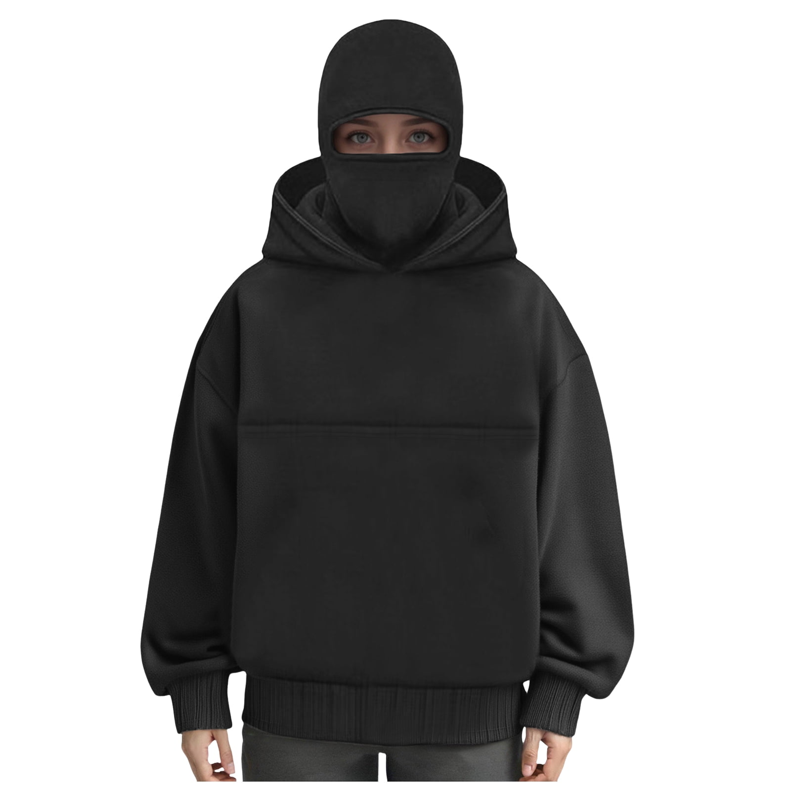 idosla Balaclava Ninja Hoodie with Built In Balaclava Unisex Women Long Sleeved Warm Pet Pocket and Winter Streetwear Sportswear Hoodies (Black, L)