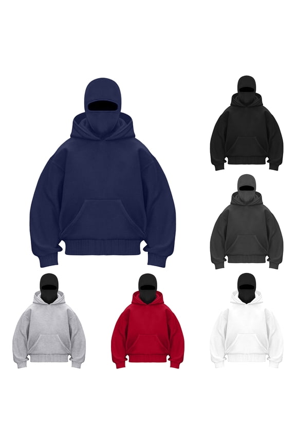 Balaclava Ninja Zipper Hoodie With Built In Balaclava,Double Hooded Jacket Hoodie With Mask,Winter Hoodies (Navy, L)