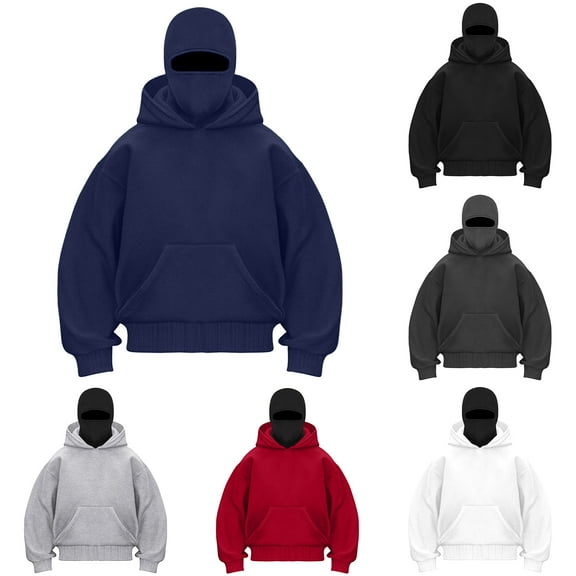 idosla Balaclava Ninja Zipper Hoodie With Built In Balaclava,Double Hooded Jacket Hoodie With Mask,Winter Hoodies (Navy, L)