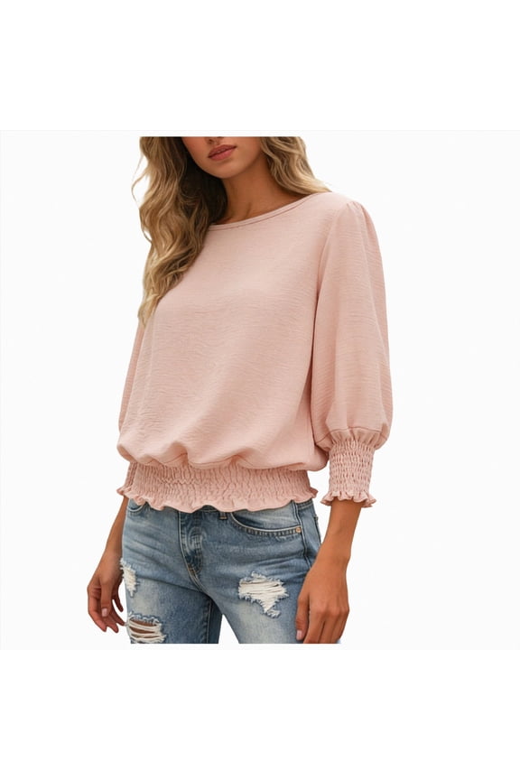 Banded Bottom Tops for Women Smocked Tops Elastic Cinched Waist Top Dressy Blouse 3/4 Length Sleeve Casual OutfitsRedM