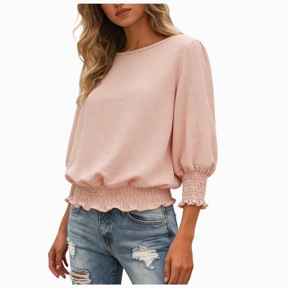 idosla Banded Bottom Tops for Women Smocked Tops Elastic Cinched Waist Top Dressy Blouse 3/4 Length Sleeve Casual OutfitsRedM