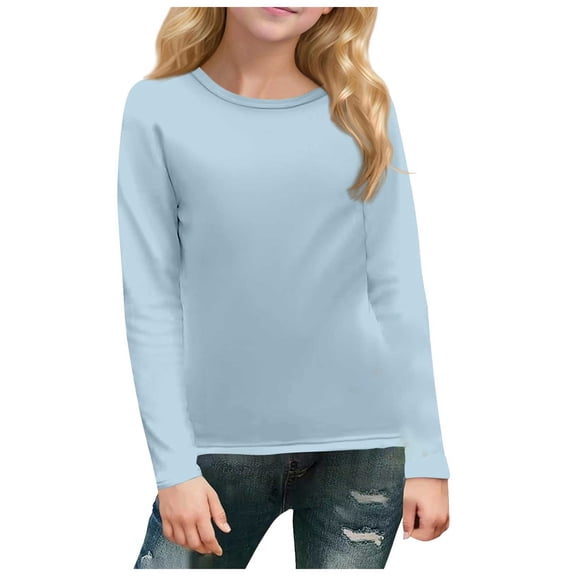 idosla Boys Ribbed Long Sleeve Shirts Kids Casual Crewneck Solid Tops Tees 5-14 Years (Light Blue, 8-9 Years)