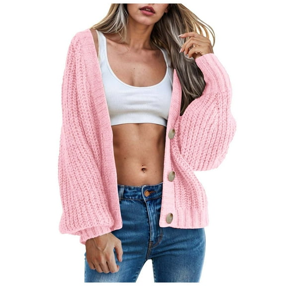 idosla Button Up Sweaters for Woman Lightweight Cable Knit Cardigan Sweater V Neck Casual Chunky Knit Coat Fall Clothes (Pink, XL)