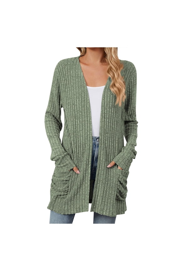 Cardigan Sweaters for Women Fall Open Front Tops Soft Ribbed Knit Ruched Pockets Outerwears (Army Green, L)