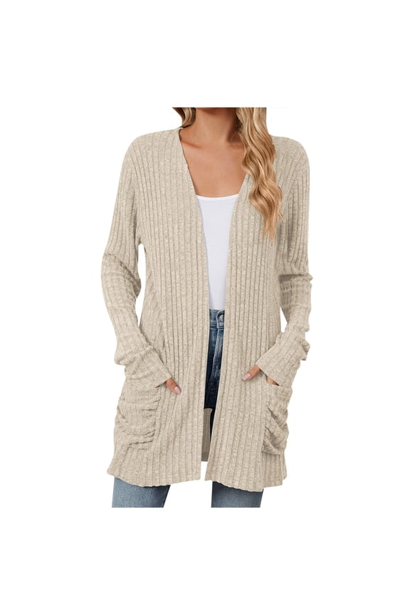 Cardigan Sweaters for Women Fall Open Front Tops Soft Ribbed Knit Ruched Pockets Outerwears (Beige, L)