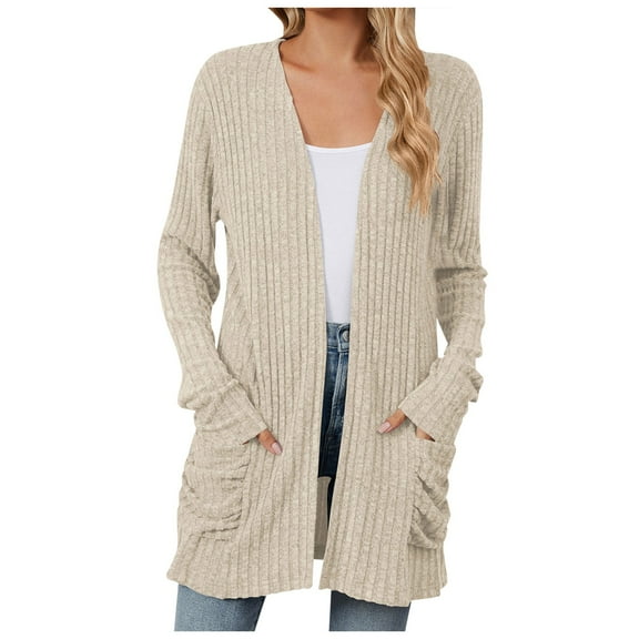 idosla Cardigan Sweaters for Women Fall Open Front Tops Soft Ribbed Knit Ruched Pockets Outerwears (Beige, XXL)