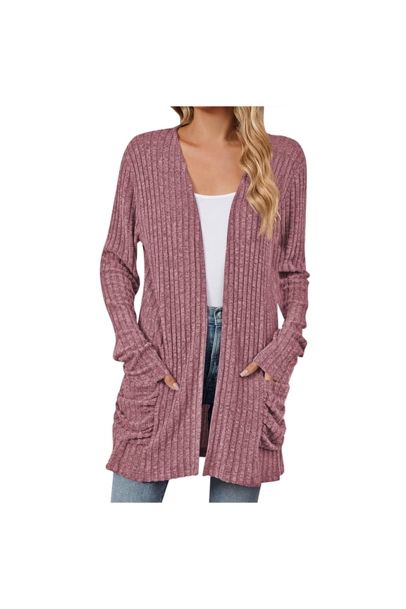Cardigan Sweaters for Women Fall Open Front Tops Soft Ribbed Knit Ruched Pockets Outerwears (Brick Red, XL)