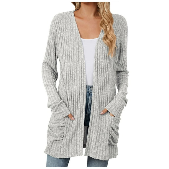 idosla Cardigan Sweaters for Women Fall Open Front Tops Soft Ribbed Knit Ruched Pockets Outerwears (Light Gray, L)