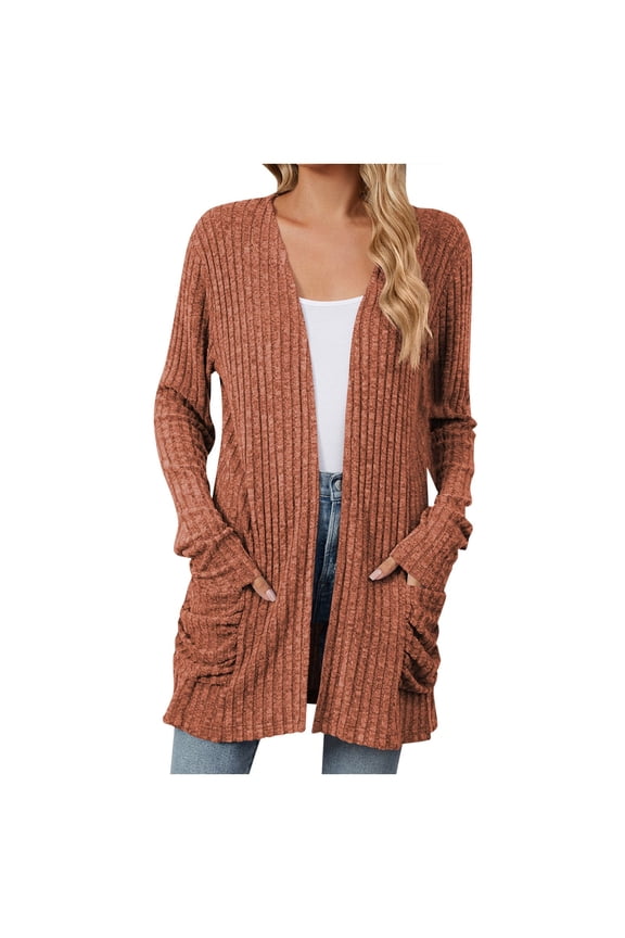 Cardigan Sweaters for Women Fall Open Front Tops Soft Ribbed Knit Ruched Pockets Outerwears (Orange, S)