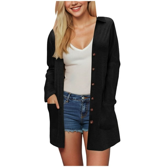 idosla Cardigan Sweaters for Women Trendy Fall 2025 Long Sleeve Button Down Oversized Knit Sweater Outerwear (Black, M)