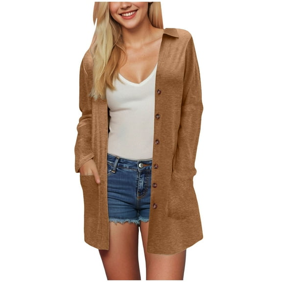 idosla Cardigan Sweaters for Women Trendy Fall 2025 Long Sleeve Button Down Oversized Knit Sweater Outerwear (Coffee, M)
