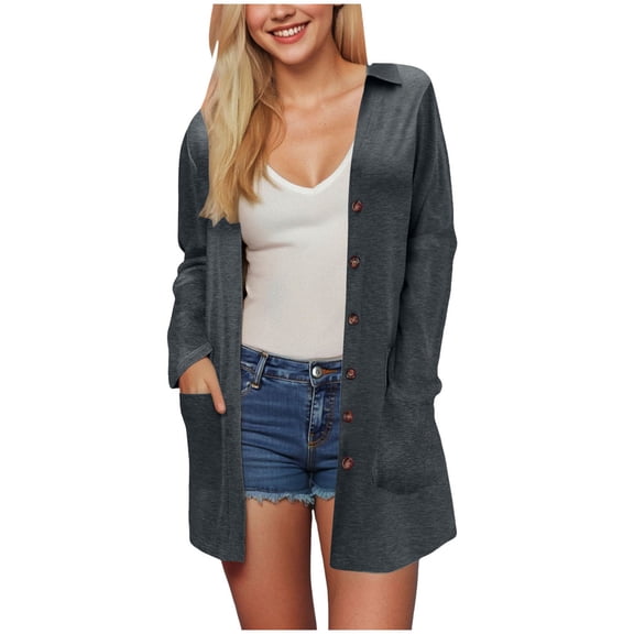 idosla Cardigan Sweaters for Women Trendy Fall 2025 Long Sleeve Button Down Oversized Knit Sweater Outerwear (Dark Gray, XL)