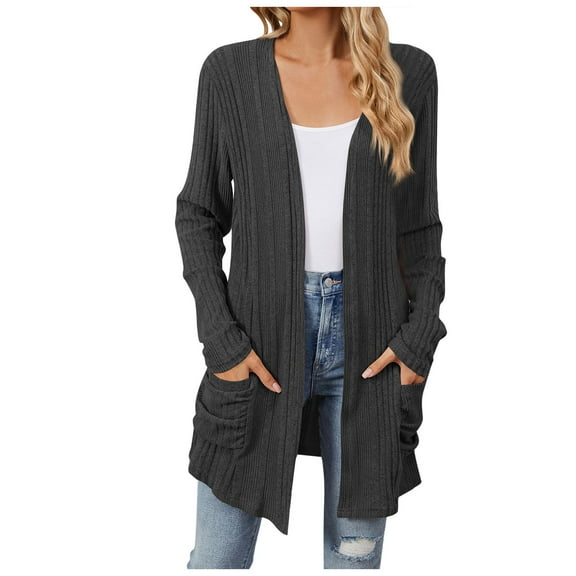idosla Cardigan for Women Lightweight Long Sleeve Open Front Cardigans with Pockets (Dark Gray, M)