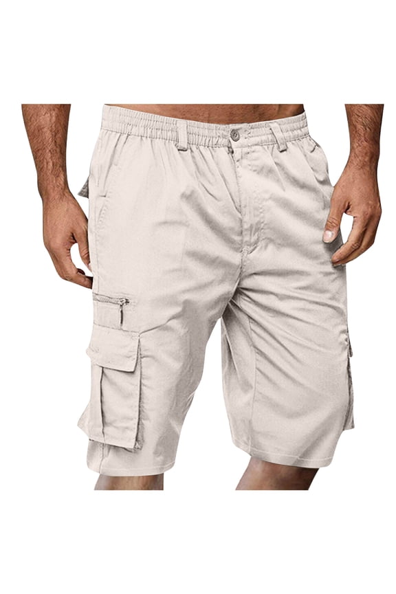 Cargo Shorts for Men - Lightweight Elastic Waist Knee Length Bermuda Shorts with Pockets Summer Fishing Short Cargo Pants (Beige, L)