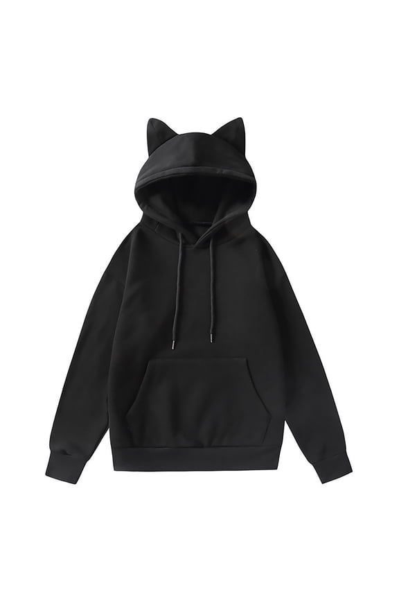 Cat Ear Hoodies for Women Round Neck Long Sleeve Kawaii Anime Print Hooded Sweater Cute Top Hoodies Pullover (Black, L)