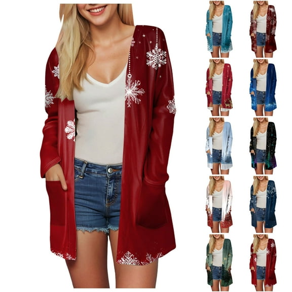 idosla Christmas Cardigan for Women 2025 Long Sleeve Open Front Lightweight Cardigan Ugly Holiday Sweaters Plus Size Coat (Dark Blue, XL)