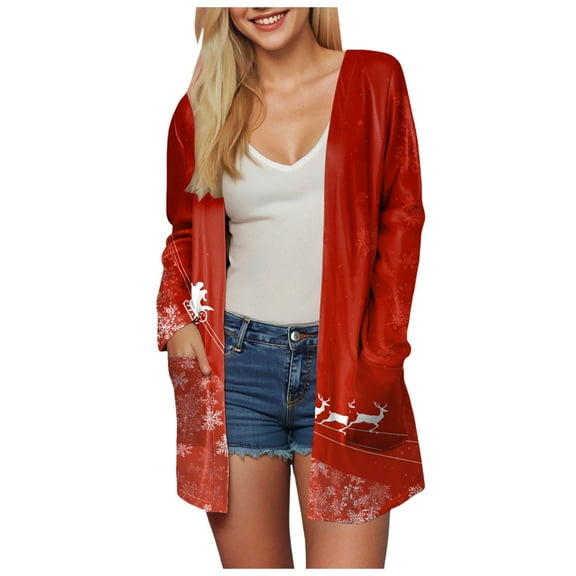 idosla Christmas Cardigan for Women Long Lightweight Sweater Floral Long Sleeve Tops Fall Winter Open Front Outfits (Light Gray, M)