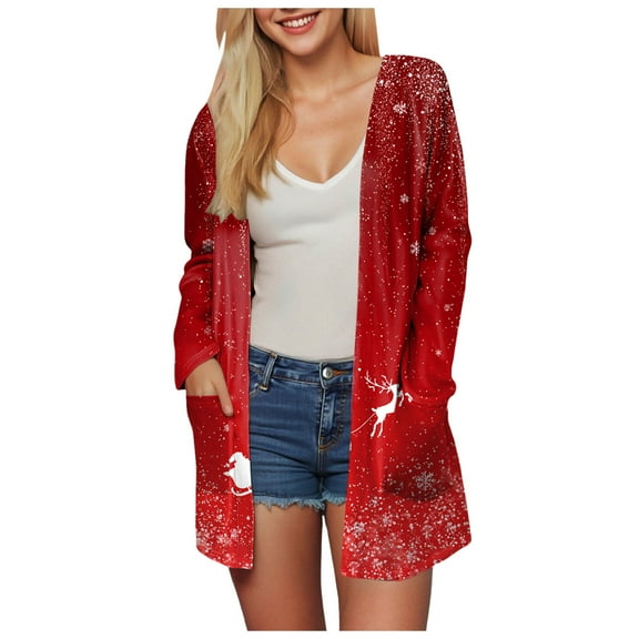idosla Christmas Cardigan for Women Long Lightweight Sweater Floral Long Sleeve Tops Fall Winter Open Front Outfits (Red, M)