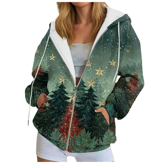 idosla Christmas Hoodie for Women Zip Up Trendy Graphic Hooded Sweatshirt Comfy Casual Long Sleeve Winter Tops (Army Green, L)