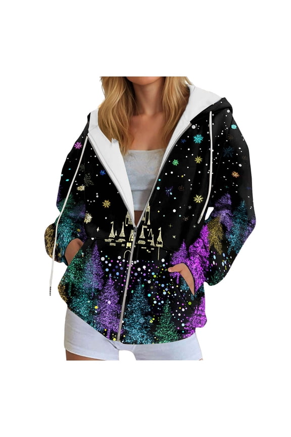 Christmas Hoodie for Women Zip Up Trendy Graphic Hooded Sweatshirt Comfy Casual Long Sleeve Winter Tops (Black, M)