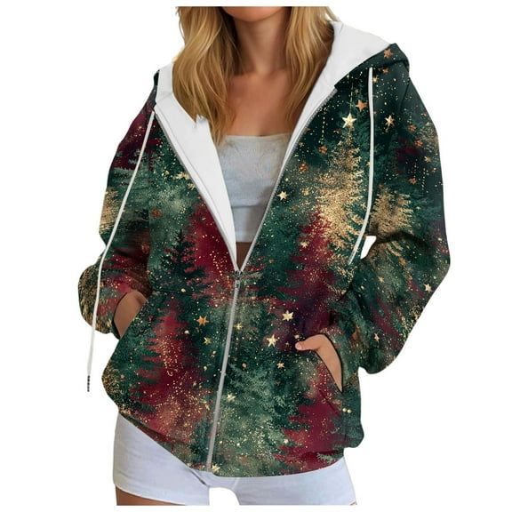 idosla Christmas Hoodie for Women Zip Up Trendy Graphic Hooded Sweatshirt Comfy Casual Long Sleeve Winter Tops (Dark Green, L)