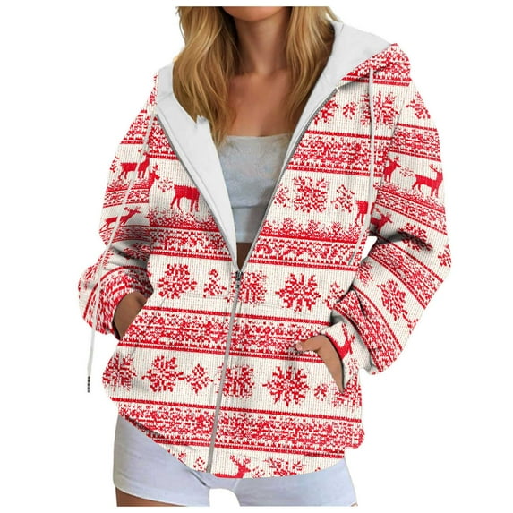 idosla Christmas Hoodies Women Xmas Tops Zip Up Hooded Sweater Funny Christmas Vacation Sweatshirt (Pink, 3XL)