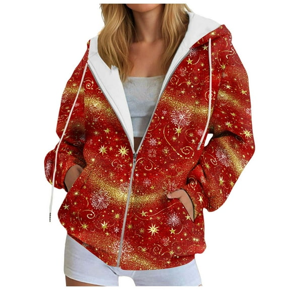idosla Christmas Hoodies Women Xmas Tops Zip Up Hooded Sweater Funny Christmas Vacation Sweatshirt (Watermelon Red, XL)