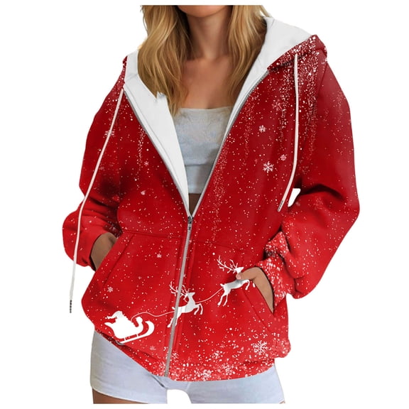 idosla Christmas Hoodies for Women Novelty Printed Zipper Long Sleeve Casual Jacket Outdoor Thermal Holiday Coat with Pocket (Pink, S)
