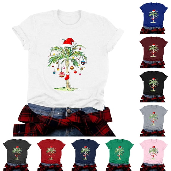 idosla Christmas Palm Tree Shirts for Women Funny Hawaiian Beach Tropical Xmas Top Short Sleeve Casual Graphic Print T Shirt (Pink, M)