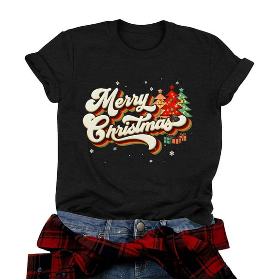 idosla Christmas Shirts Women Christmas Tree T Shirt: Merry Christmas Vacation Tees Xmas Tops (Black, L)
