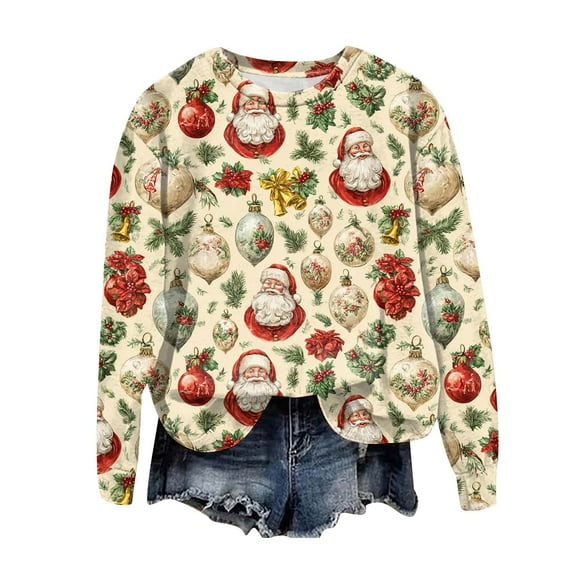 idosla Christmas Sweatshirt for Women 2025 Vintage Crewneck Xmas Tops Funny Graphic Tees Long Sleeve Holiday Outfits (Light Yellow, L)
