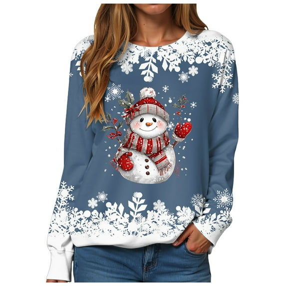 idosla Christmas Sweatshirt for Women Snowman Graphic Crewneck Long Sleeve Shirt Xmas Holiday Party Pullover Sweater Tops (Navy, L)