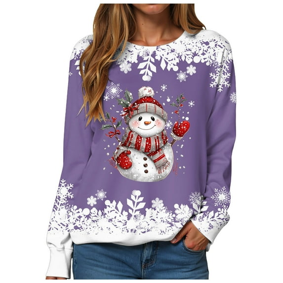 idosla Christmas Sweatshirt for Women Snowman Graphic Crewneck Long Sleeve Shirt Xmas Holiday Party Pullover Sweater Tops (Purple, XXL)