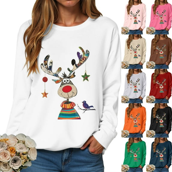 idosla Christmas Sweatshirts for Women Elk Reindeer Deer Printed Long Sleeve Crewneck Sweater 2025 Winter (Hot Pink, S)
