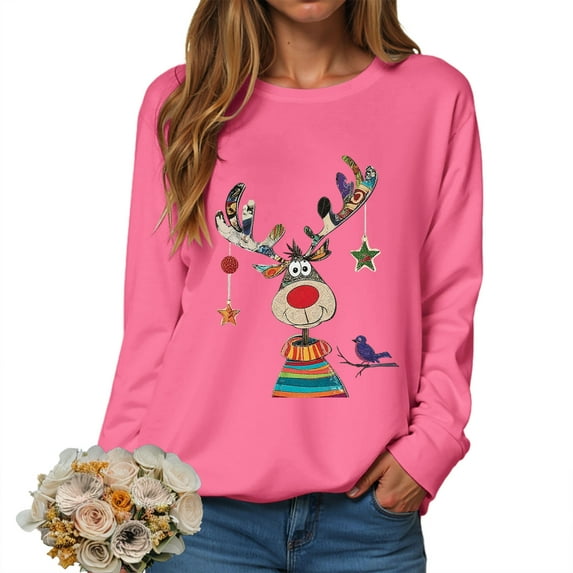idosla Christmas Sweatshirts for Women Elk Reindeer Deer Printed Long Sleeve Crewneck Sweater 2025 Winter (Hot Pink, XL)