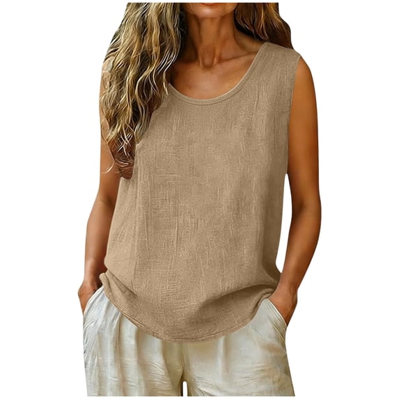 idosla Cotton Linen Tank Tops for Womens Comfy Lounge Wear Summer Sleeveless Crewneck Shirt Casual Blouse Loose Fit Cami (Khaki, S)