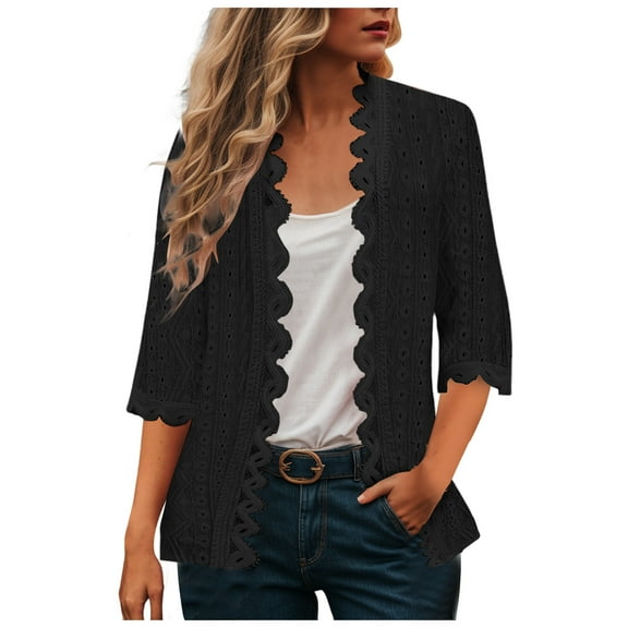 idosla Crochet Lace Cardigan for Women Lightweight 3/4 Sleeve Fall Open Front Shrug Cover Ups Casual Outwear Coats (Black, L)