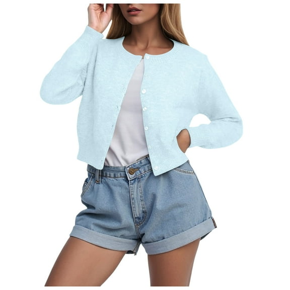 idosla Cropped Cardigan Bolero Shrug for Women, Button Down Long Sleeve Knit Sweater for Dresses,for Jeans (Light Blue, L)