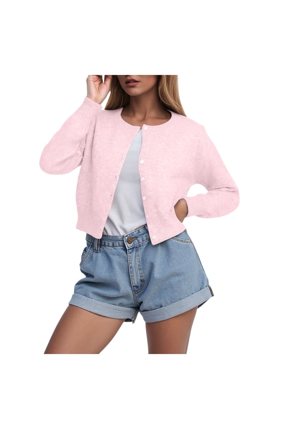 Cropped Cardigan Bolero Shrug for Women, Button Down Long Sleeve Knit Sweater for Dresses,for Jeans (Pink, S)