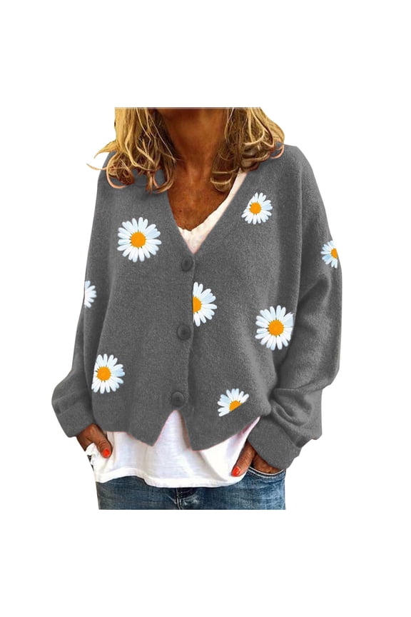 Daisy Flower Cardigan Sweater for Women Aesthetic 90s Button Down Long Sleeve Open Front Cute Knit Sweaters (Grey, M)