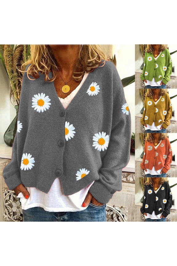 Daisy Flower Cardigan Sweater for Women Aesthetic 90s Button Down Long Sleeve Open Front Cute Knit Sweaters (Orange, L)
