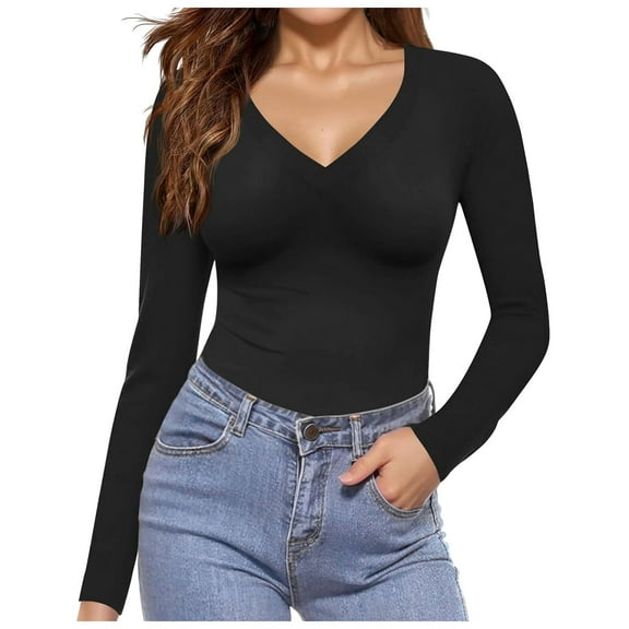 idosla Deep V Neck Long Sleeve Shirts for Women Sexy Slim Fitted T Shirt Tops (Black, M)