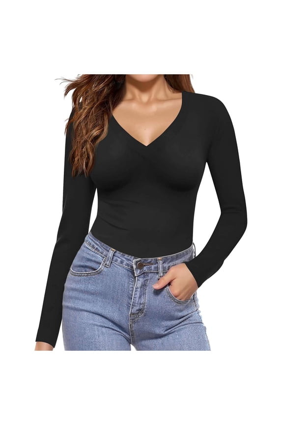 Deep V Neck Long Sleeve Shirts for Women Sexy Slim Fitted T Shirt Tops (Black, XS)
