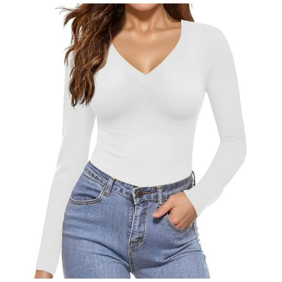 idosla Deep V Neck Long Sleeve Shirts for Women Sexy Slim Fitted T Shirt Tops (White, L)