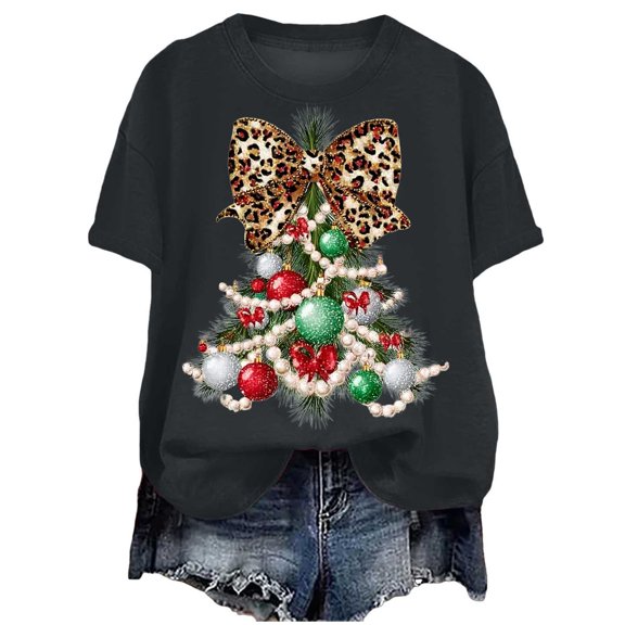 idosla Faux Glitter Green Floral Christmas Tree with Red Dots Bow Shirt for Women Teens and Girls (Dark Gray, 3XL)