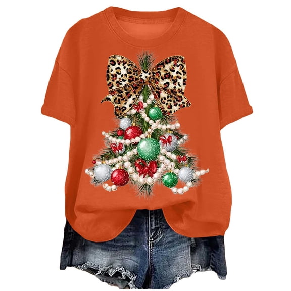 idosla Faux Glitter Green Floral Christmas Tree with Red Dots Bow Shirt for Women Teens and Girls (Orange, XL)